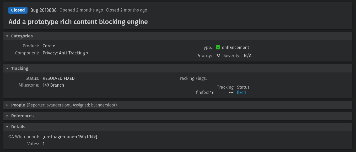 this picture shows a closed bug on mozilla's bugzilla instance, titled "add a prototype rich content blocking engine"