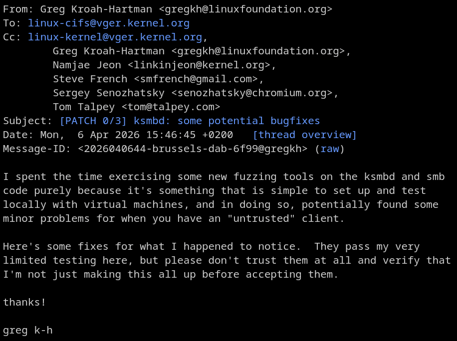 a post by greg kroah-hartman that lays out how he is excercising using some new fuzzing tols