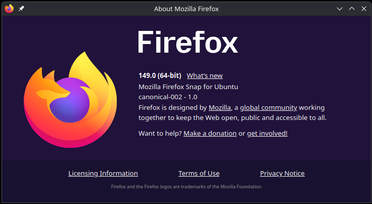 A screenshot of the about dialog from Firefox 149