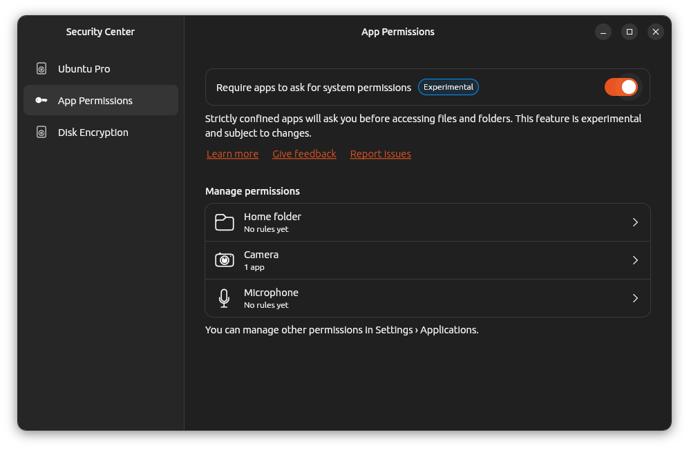 A screenshot of the new Security Center on Ubuntu, showing the default setting with apps not required to request permissions