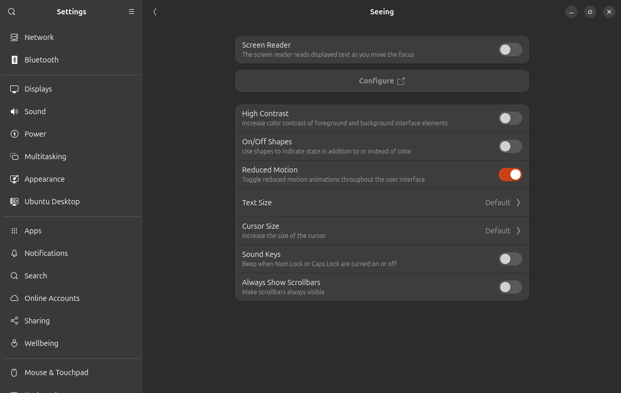 A screenshot of the GNOME Accessibility settings panel showing the Reduce Motion option toggled on