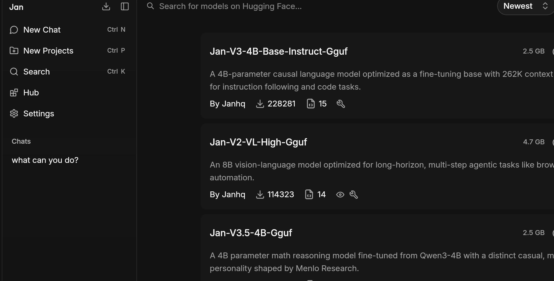 Jan AI application's model hub for downloading AI models