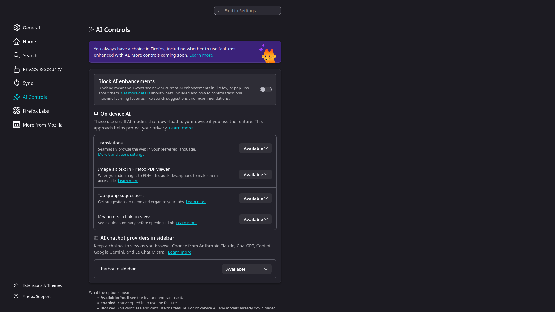 A screenshot of the AI Controls in Firefox preferences