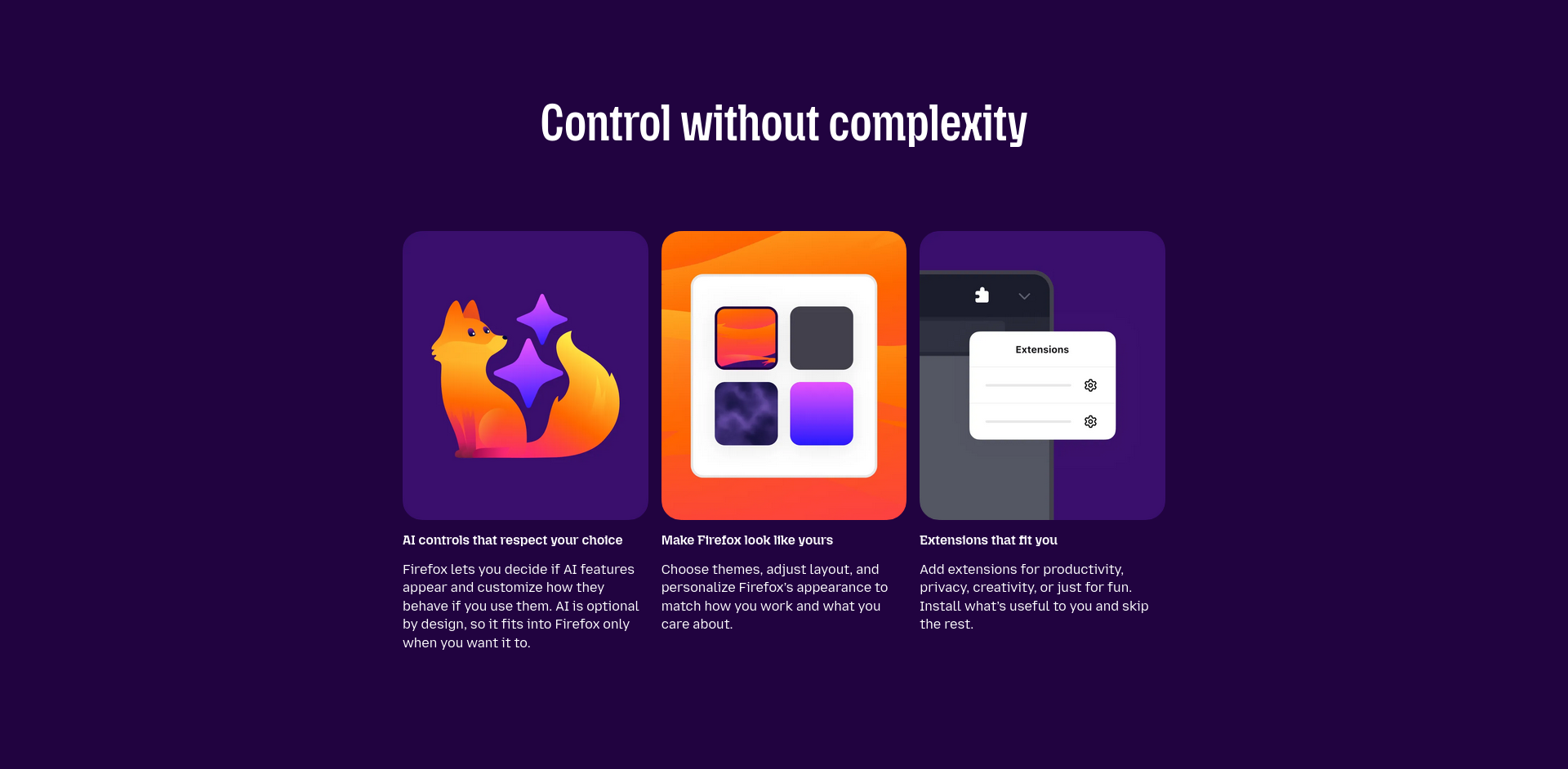 A screenshot of the marketing for Firefox, showing the line "Control without complexity" and a number of images and associated points
