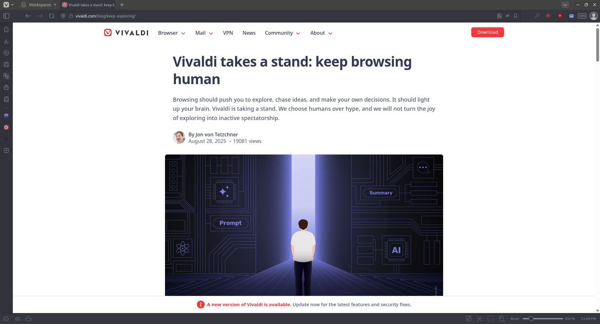 A screenshot of Vivaldi showing the "keep browsing human" announcement post