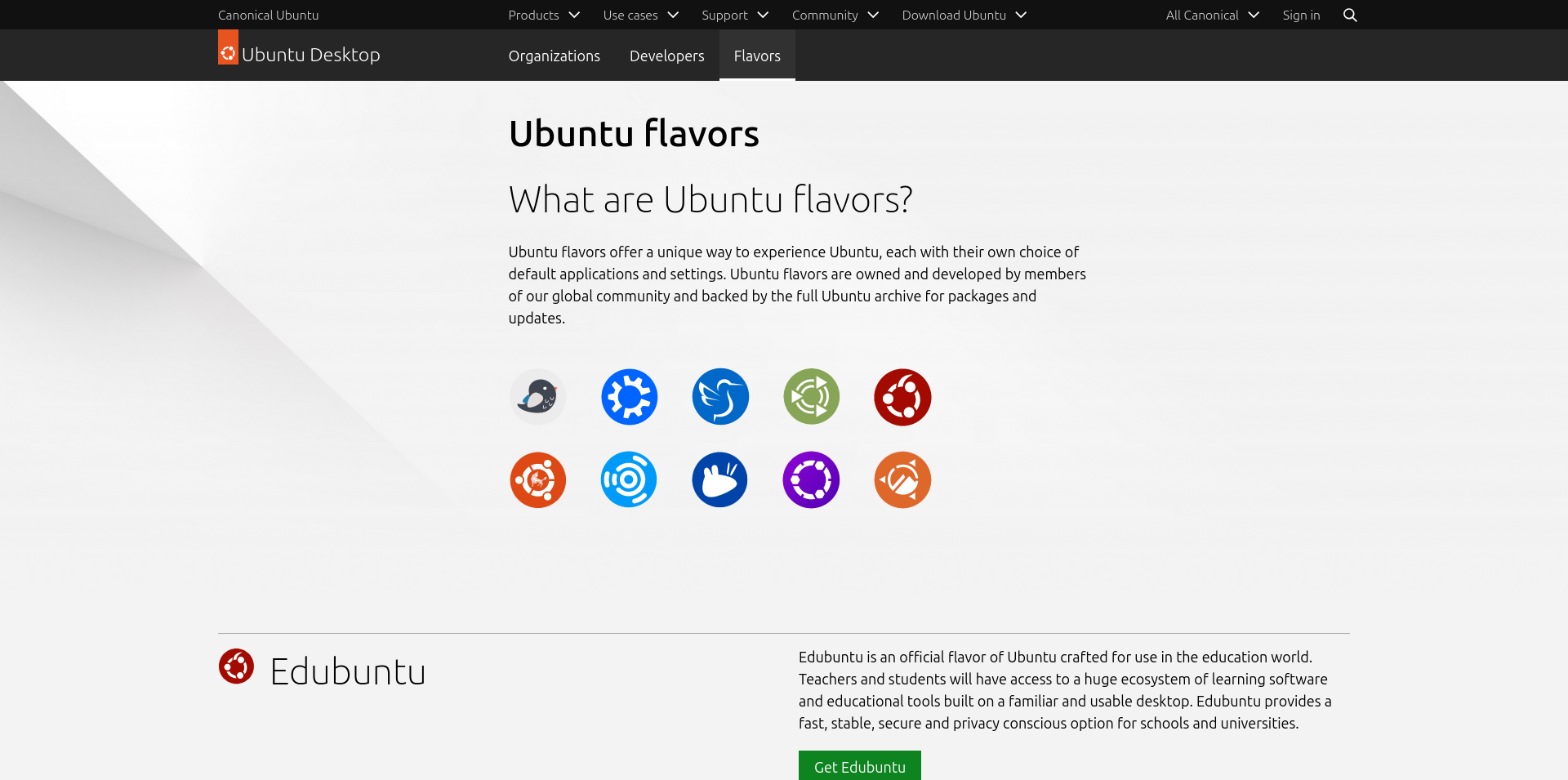 A screenshot of the official Ubuntu flavors page, showing the available flavours
