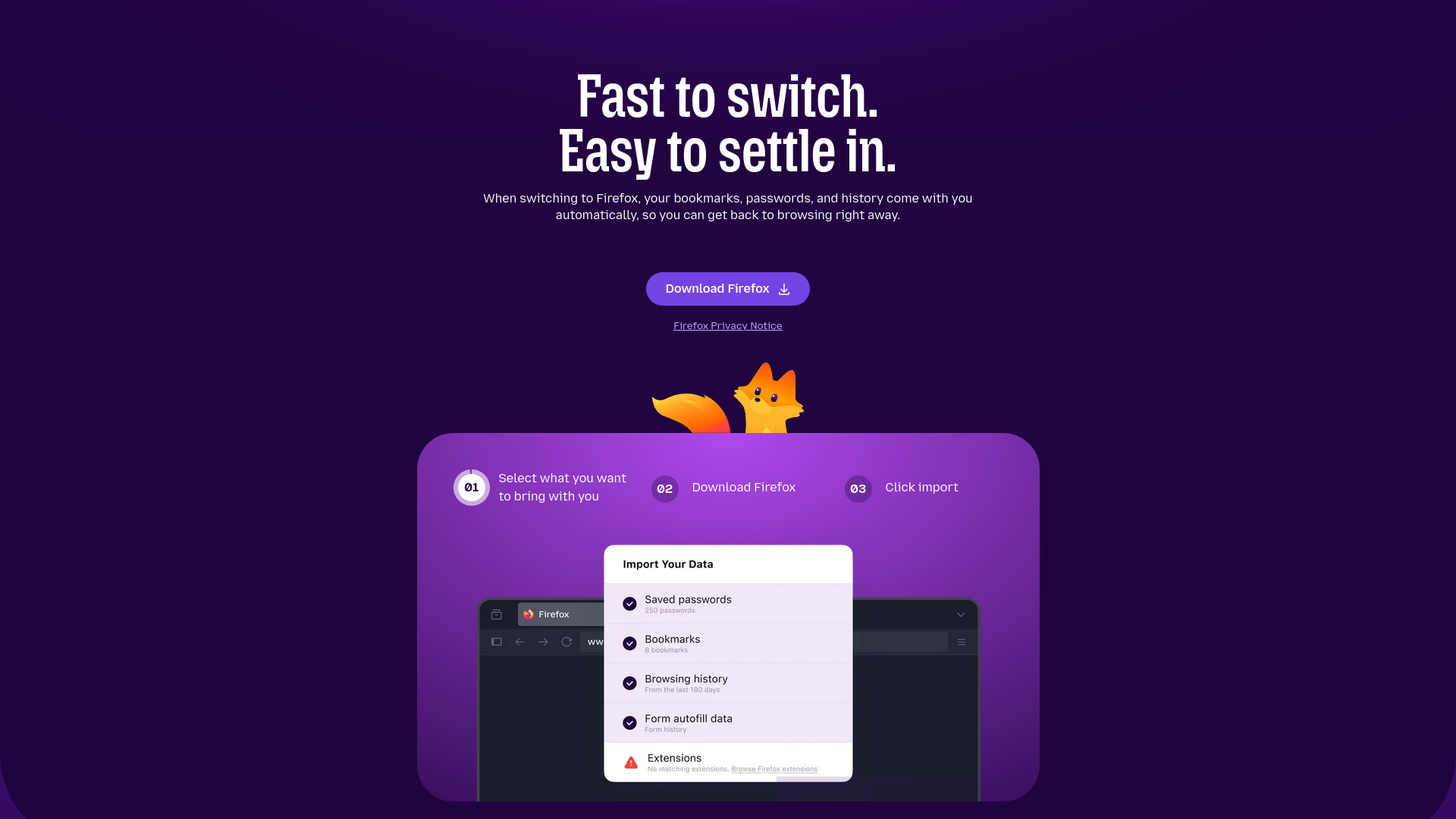 A screenshot from Firefox.com showing "Fast to switch. Easy to settle in."