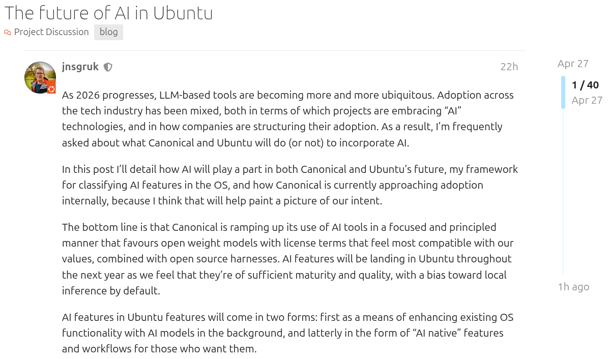 cropped screenshot that shows a discourse forum post by a jnsgruk (jon seager) laying out the ubuntu ai roadmap