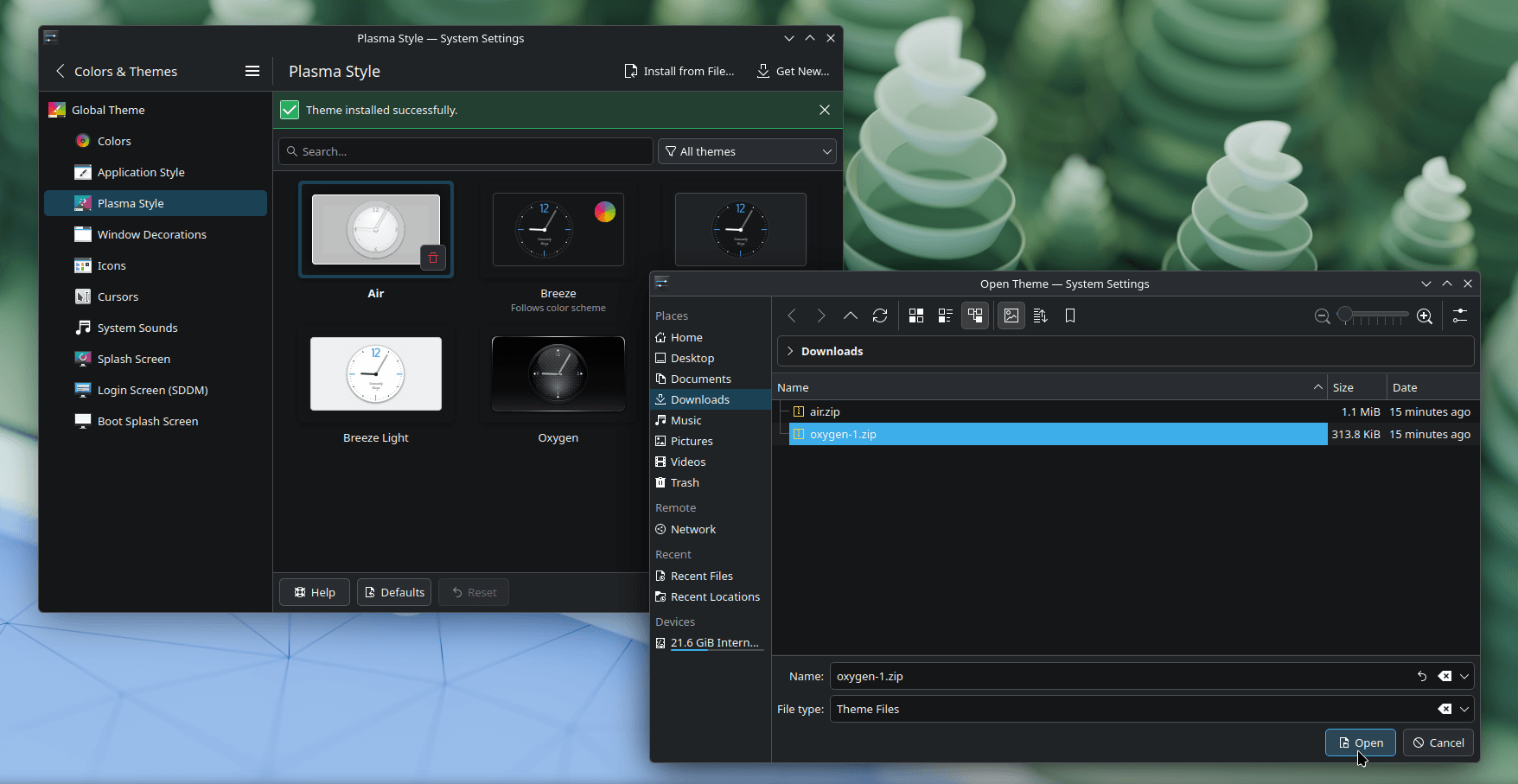 this screenshot shows the way to install custom themes on a kde plasma system, there are two app windows visible here, one is a file manager window, the other is the plasma style menu under system settings