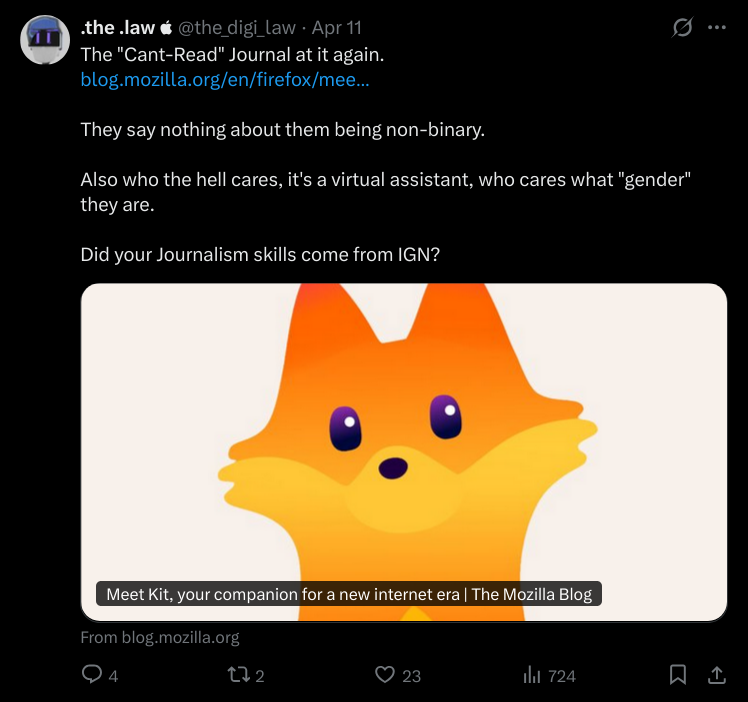 The article never claimed Kit was non-binary