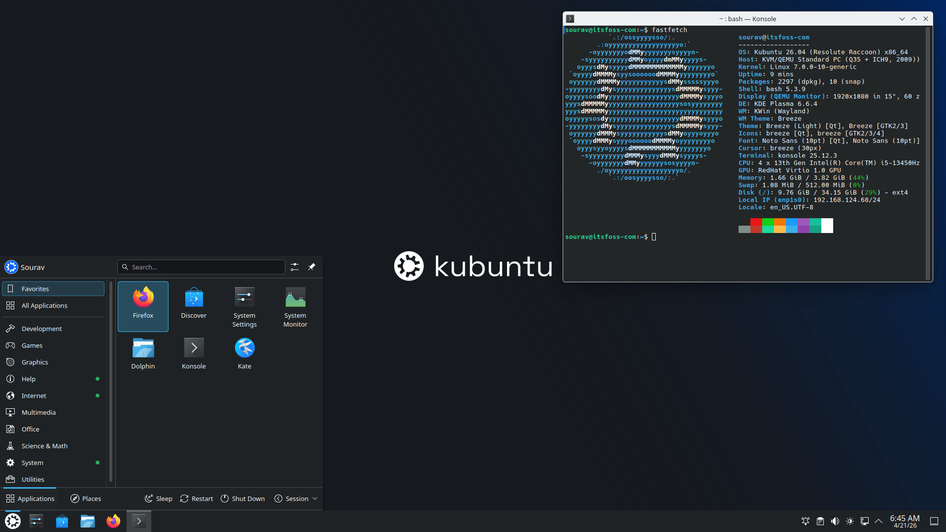 in this screenshot of kubuntu 26.04 lts, a fastfetch output is shown on the right, the app launcher is shown on the left