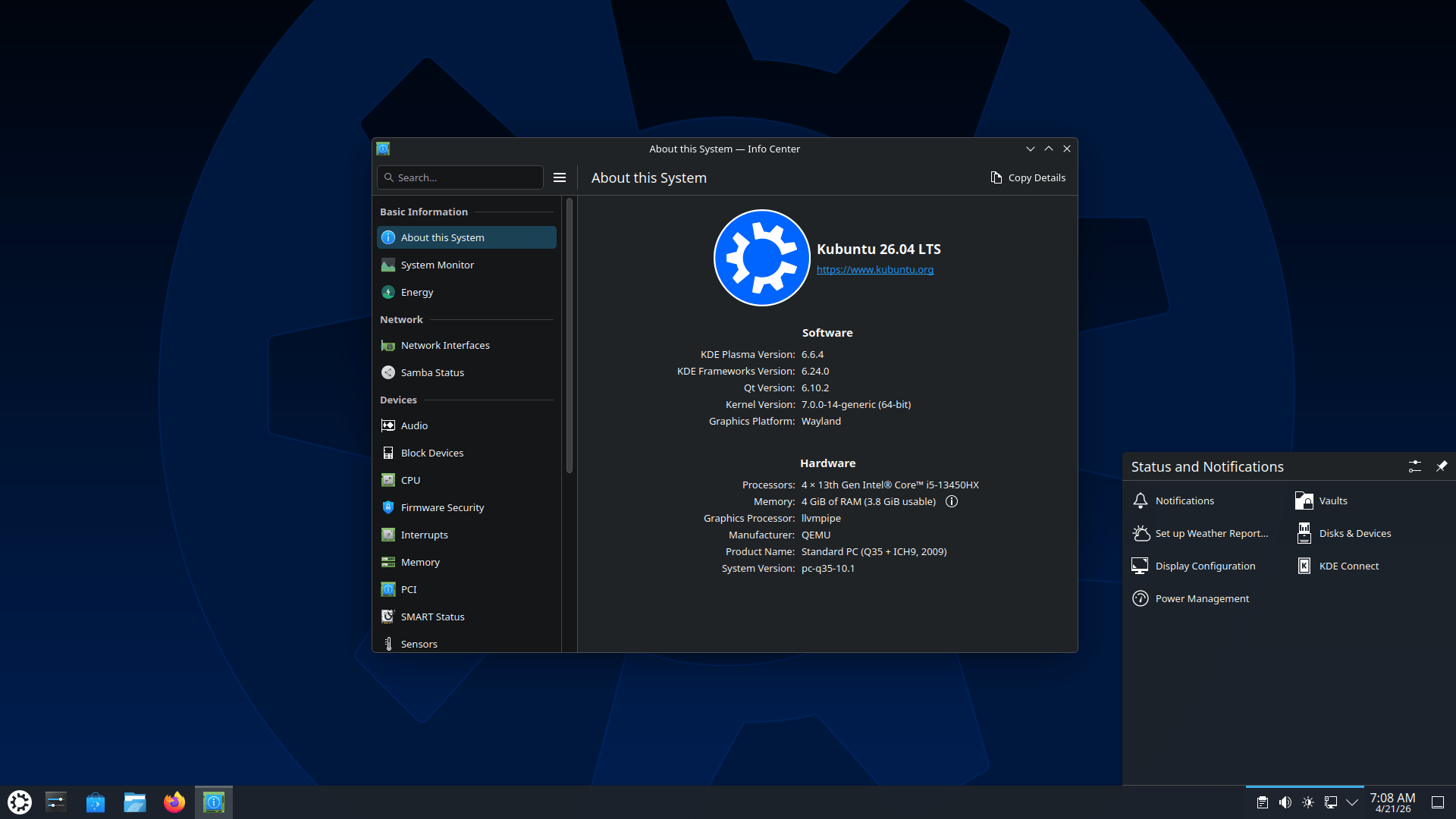 a desktop view screenshot of kubuntu 26.04 lts with the about this system page open
