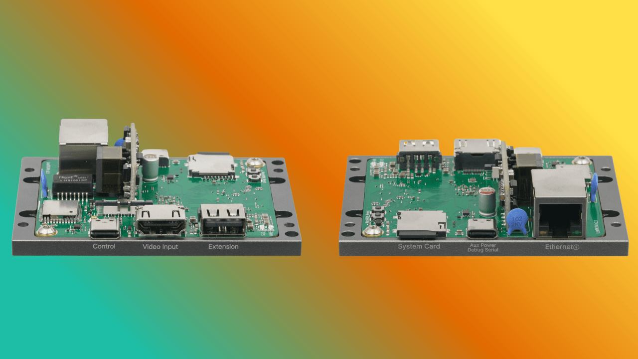 against a mixed green/orange/yellow background, there are two pictures of the leafkvm that shows the internal layout from two angles, there is a green pcb visible in both of those, with various ports and board items strewn about