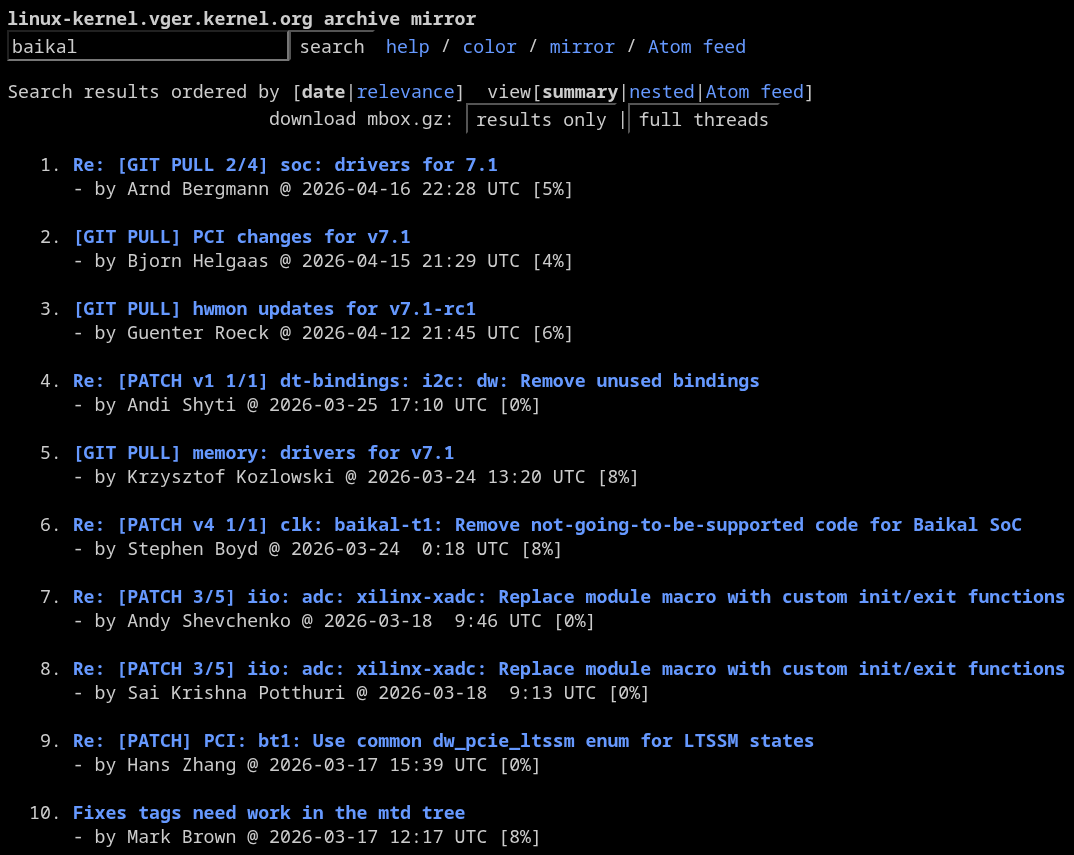 this picture shows the linux kernel archive mirror with baikal as the searched term and a list of changes related to it shown below in a numbered list