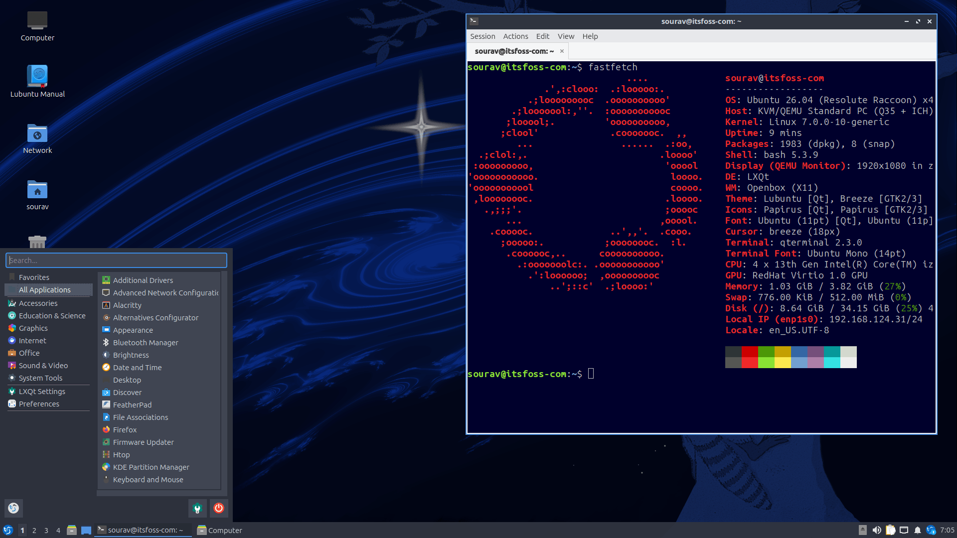 this screenshot of lubuntu 26.04 lts shows the app launcher on the left and the fastfetch output on the right