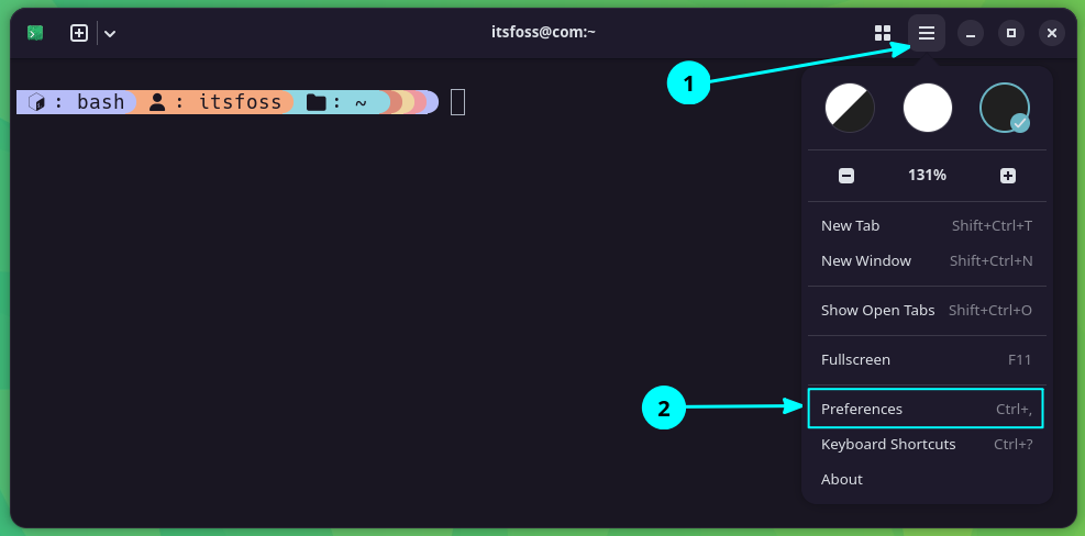 Open the Preferences window of the Ptyxis terminal emulator from the three dots menu button in the top-right of the title bar.