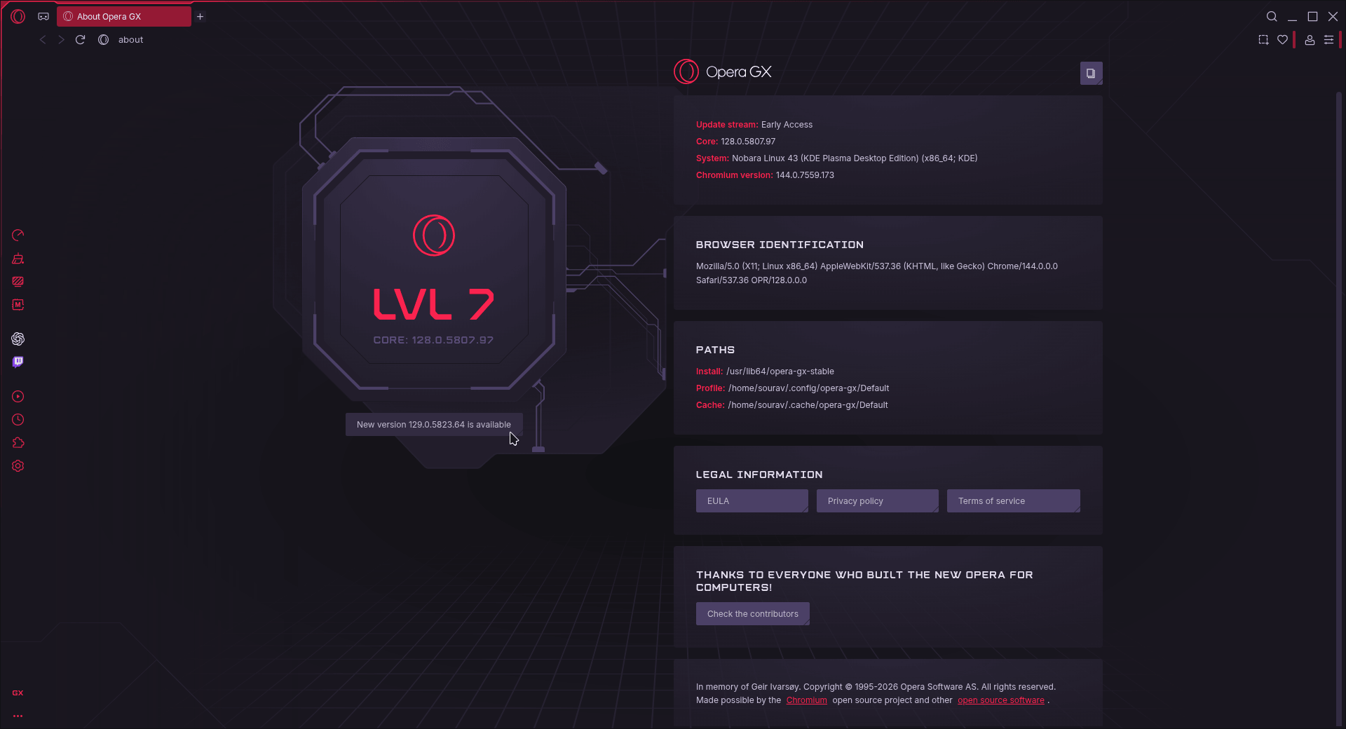 this is the about page of opera gx on linux that shows a bunch of information related to the release and the system it is being run in