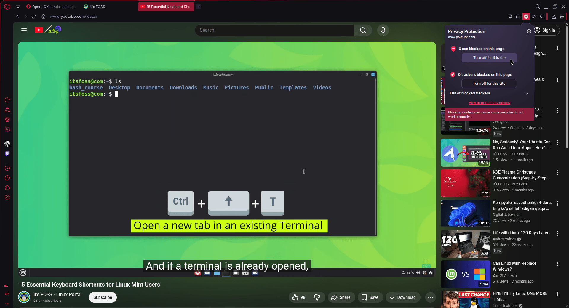 a screenshot of opera gx on linux that shows a youtube video being played, with the ad blocker widget visible on the top-right with missing data on blocked ads and trackers (just says 0)