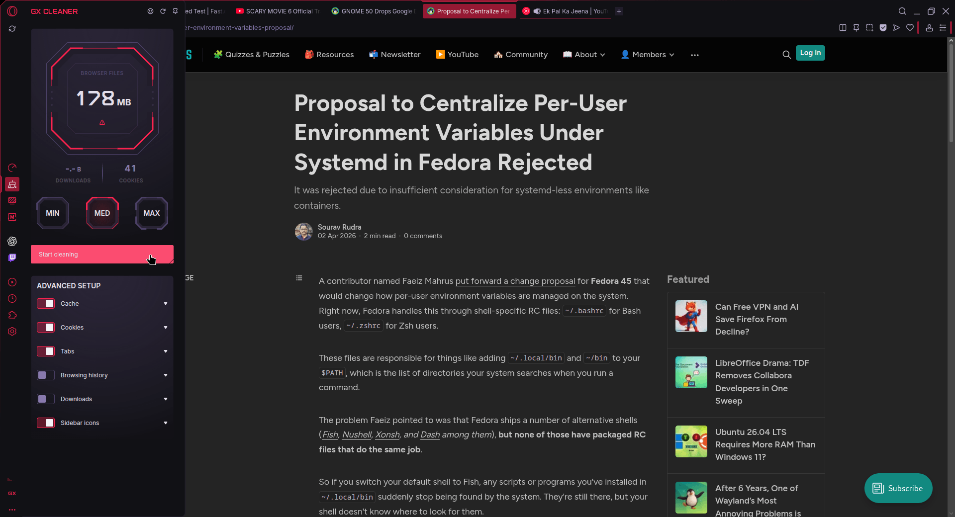 this screnshot shows the gx cleaner feature of opera gx on linux on the left, with various options to toggle, the most notable ones are the three presets: min, med, and max