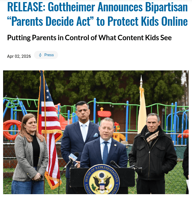 this cropped screenshot shows a blog titled, "release: gottheimer announces bipartisan "parents decide act" to protect kids online."