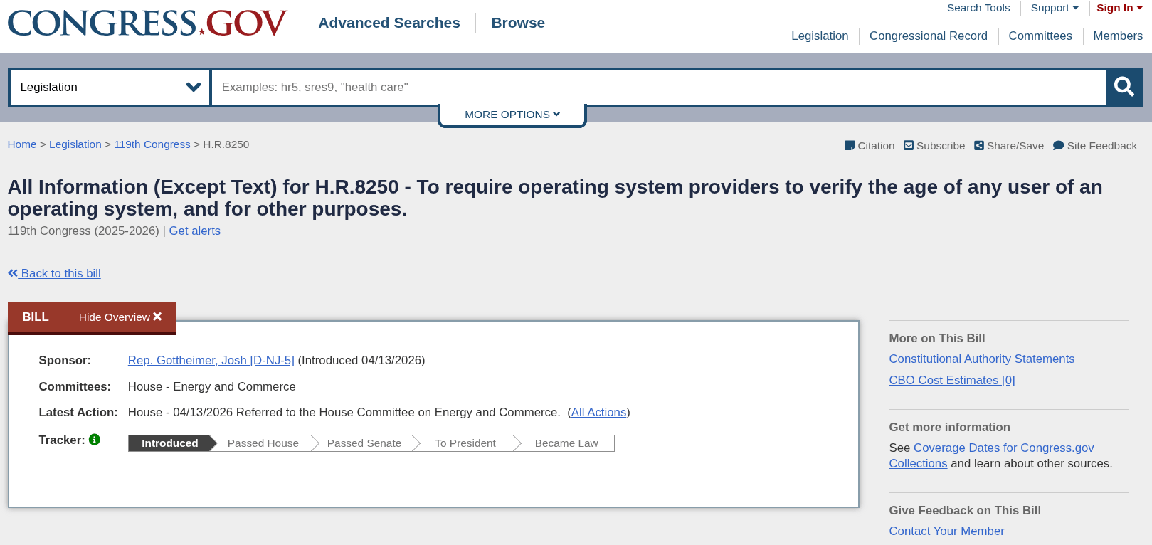 a cropped screenshot of the congress.gov website that shows the proposed h.r.8250 bill