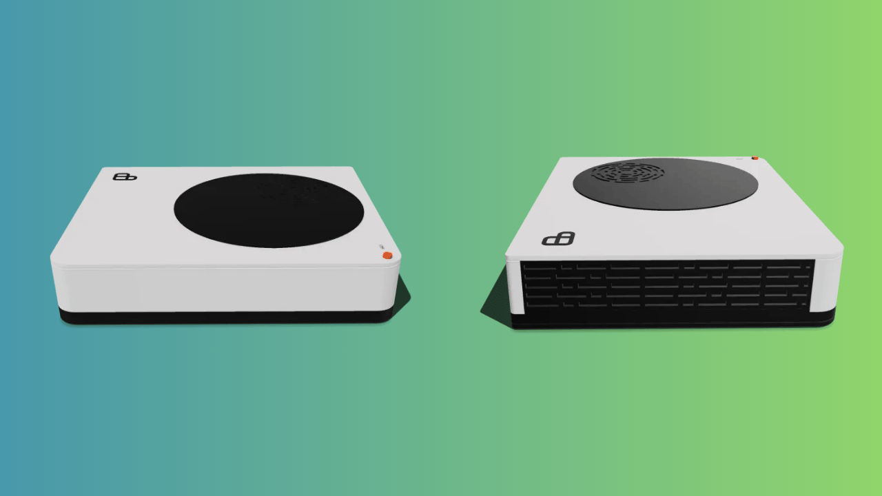 against a mixed green/blue background, two pictures of the playnix console are shown, on the left is the front view, on the right is the rear view