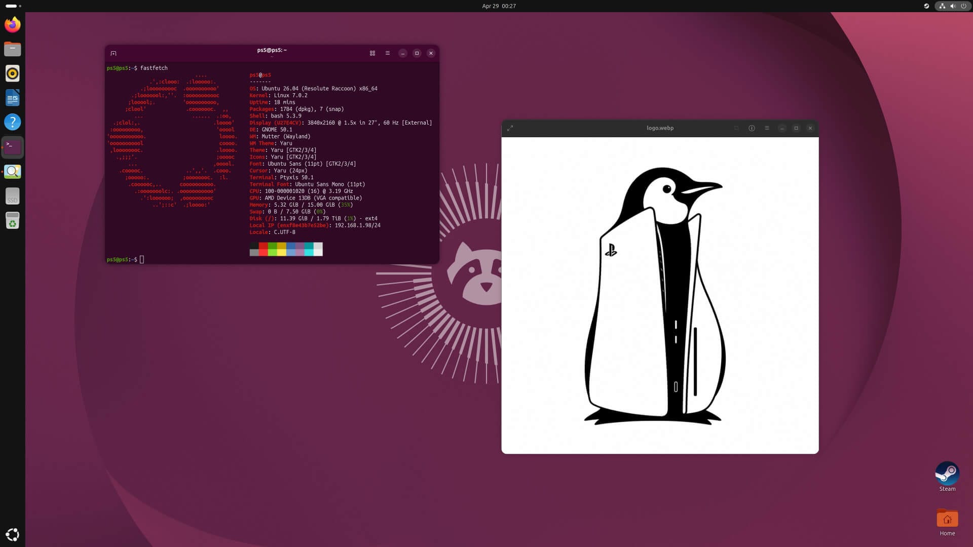 screenshot of ubuntu 26.04 lts running on a playstation 5