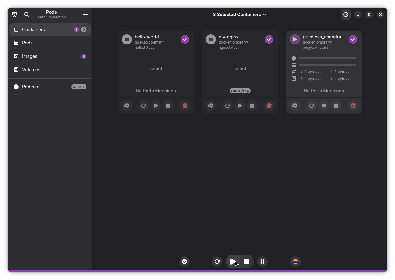 mutli-selection demo of pods is shown here, where three containers are selected, with options to kill, restart, start/stop, pause, and delete the selected containers