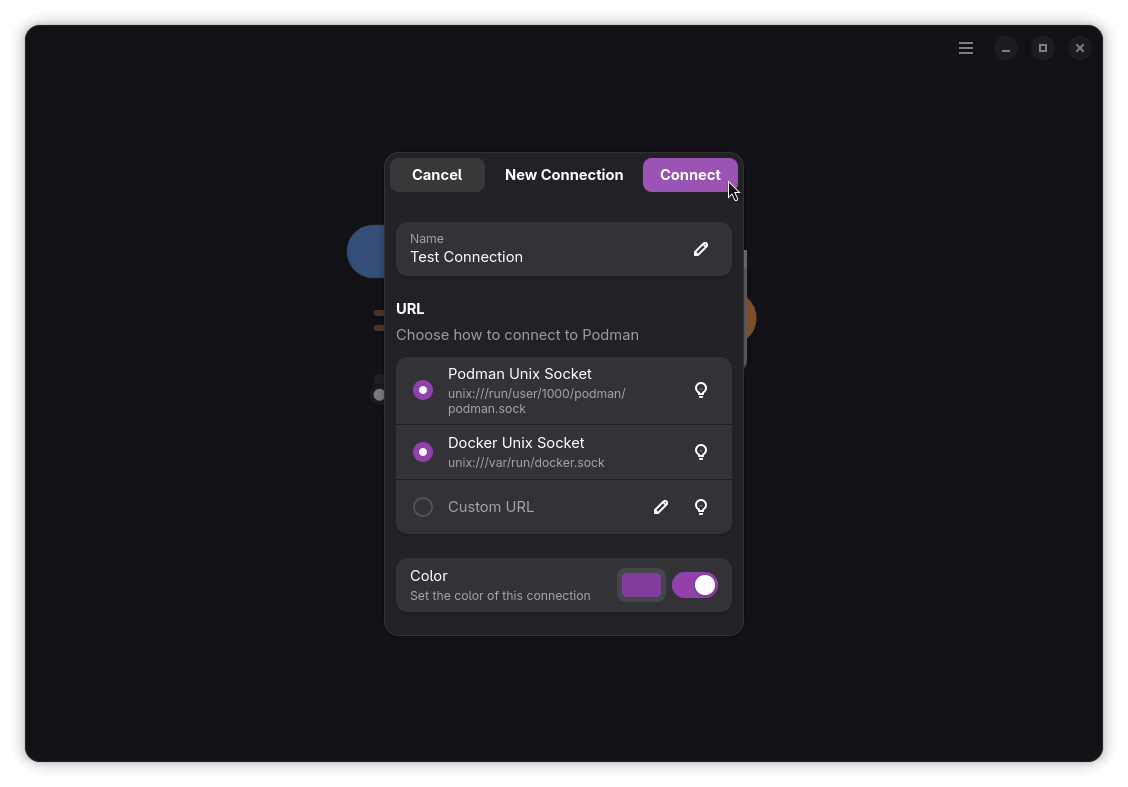pods app new connection configuration for podman and docker