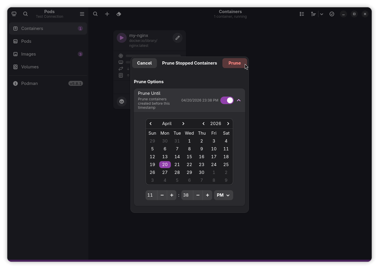 screenshot of pods that shows the prune stopped containers menu with a prune until button and a calendar view to tweak its configuration