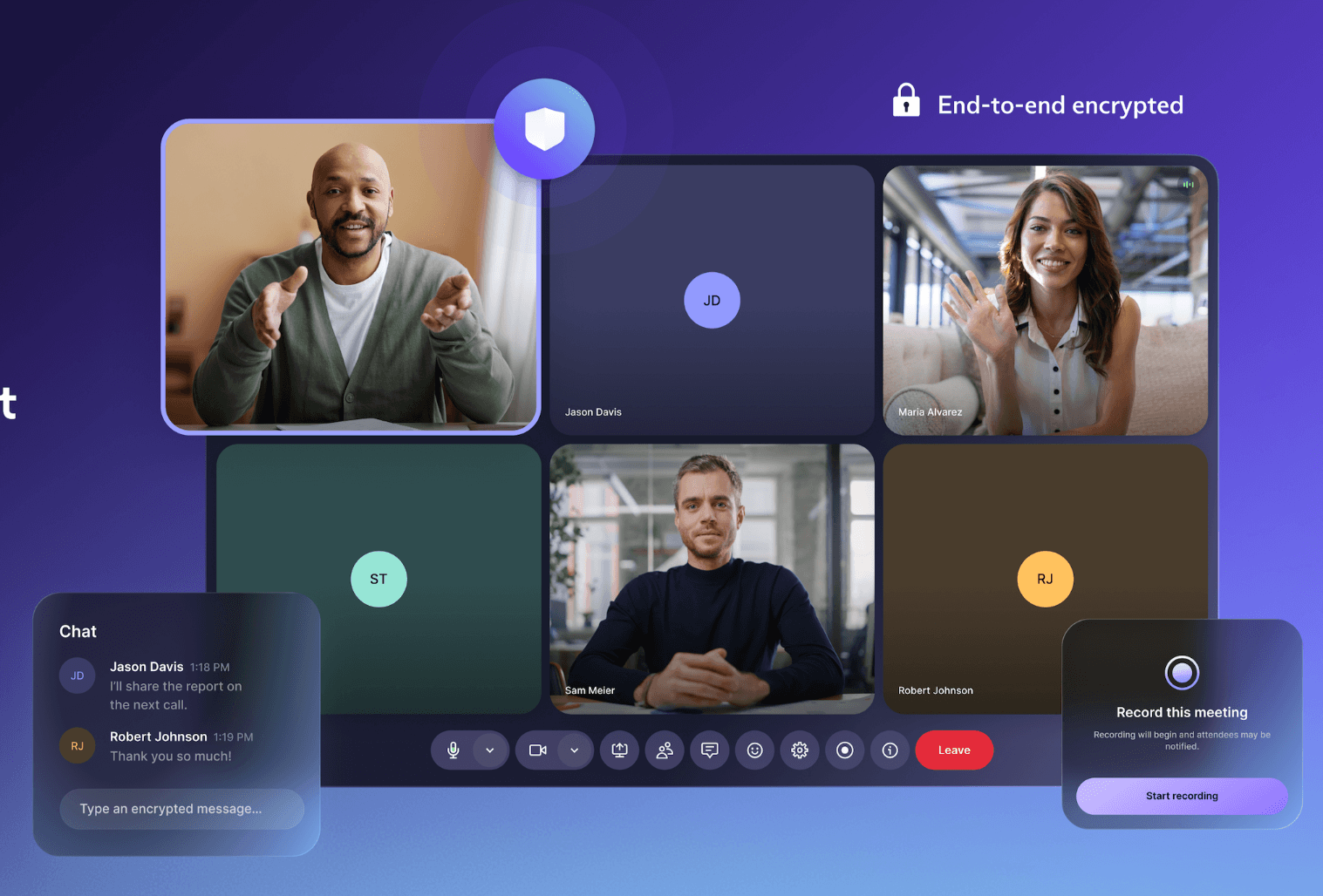 a purple-colored banner that shows a demo of proton meet with many participants in a video call