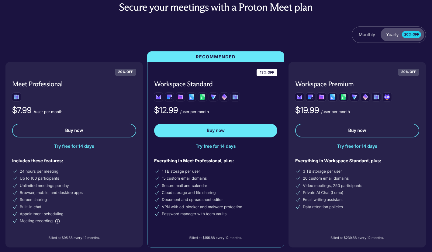 the three pricing tiers for proton meet is shown here, with meet professional ($7.99 per user per month annually), workspace standard ($12.99 per user per month annually), and workspace premium ($19.99 per user per month annually) listed