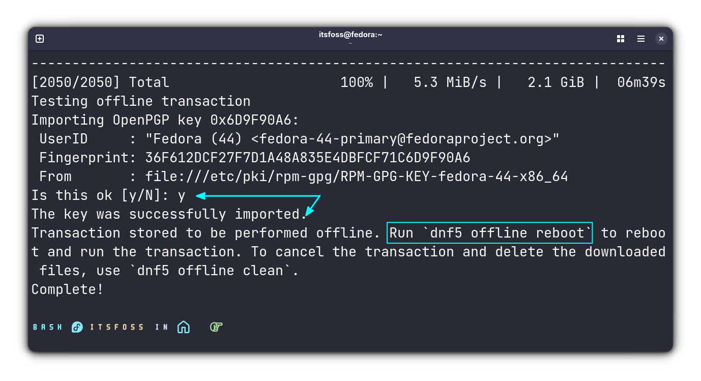 Reboot the system with the offline reboot command for offline update.