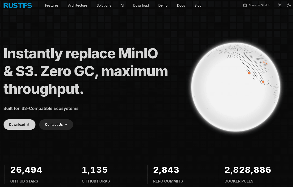 cropped screenshot of the rustfs webpage