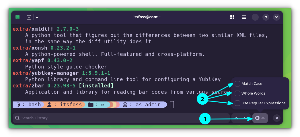 Search criterias in Ptyxis terminal emulator, including match case, match whole words, and use regular expressions.
