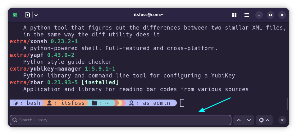 The scrollback search interface in the Ptyxis terminal emulator.