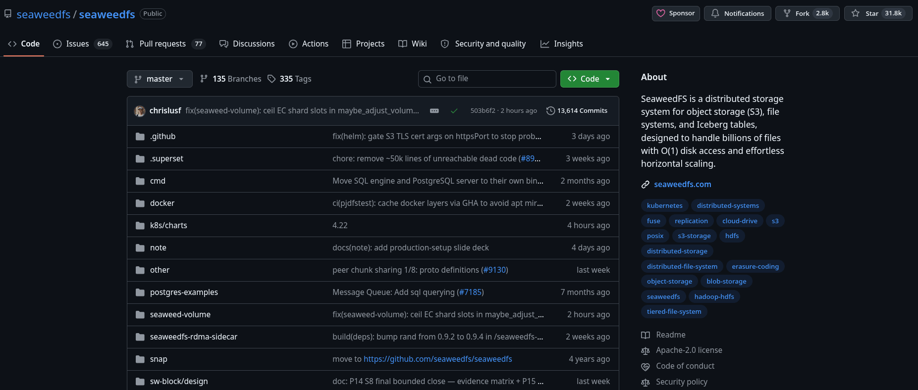 cropped screenshot of the seaweedfs github repository
