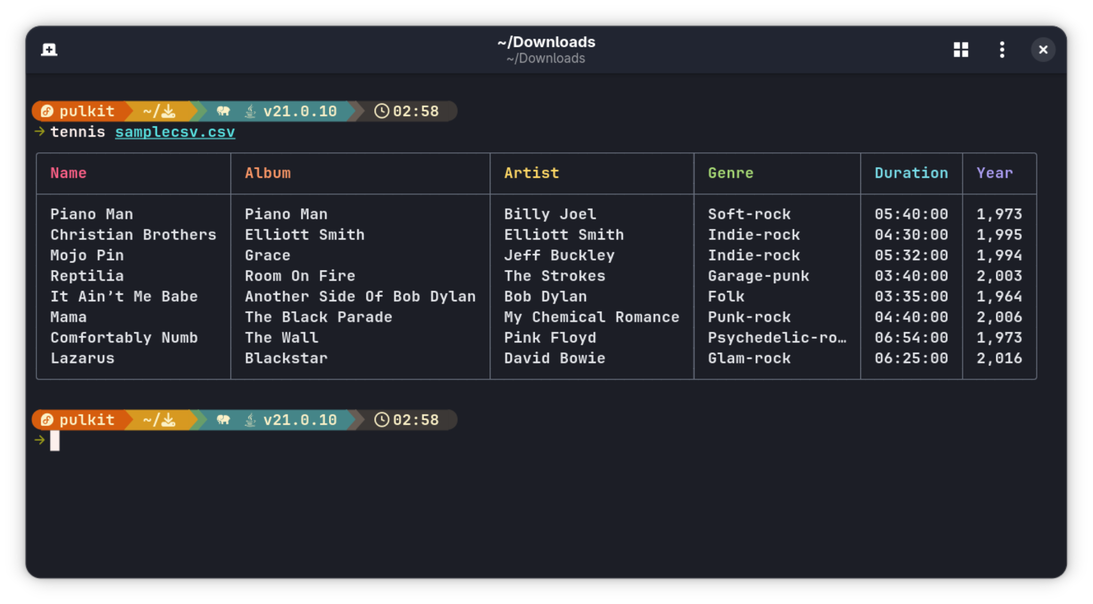Default view of a CSV file with Tennis