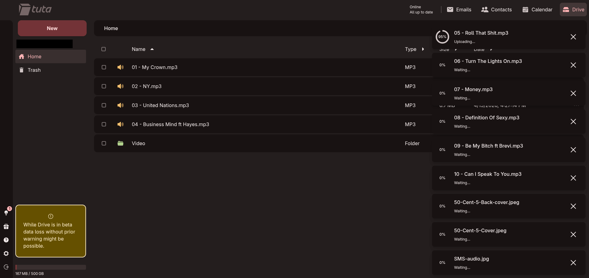 screenshot of tuta drive closed beta showing a long upload progress list on the right