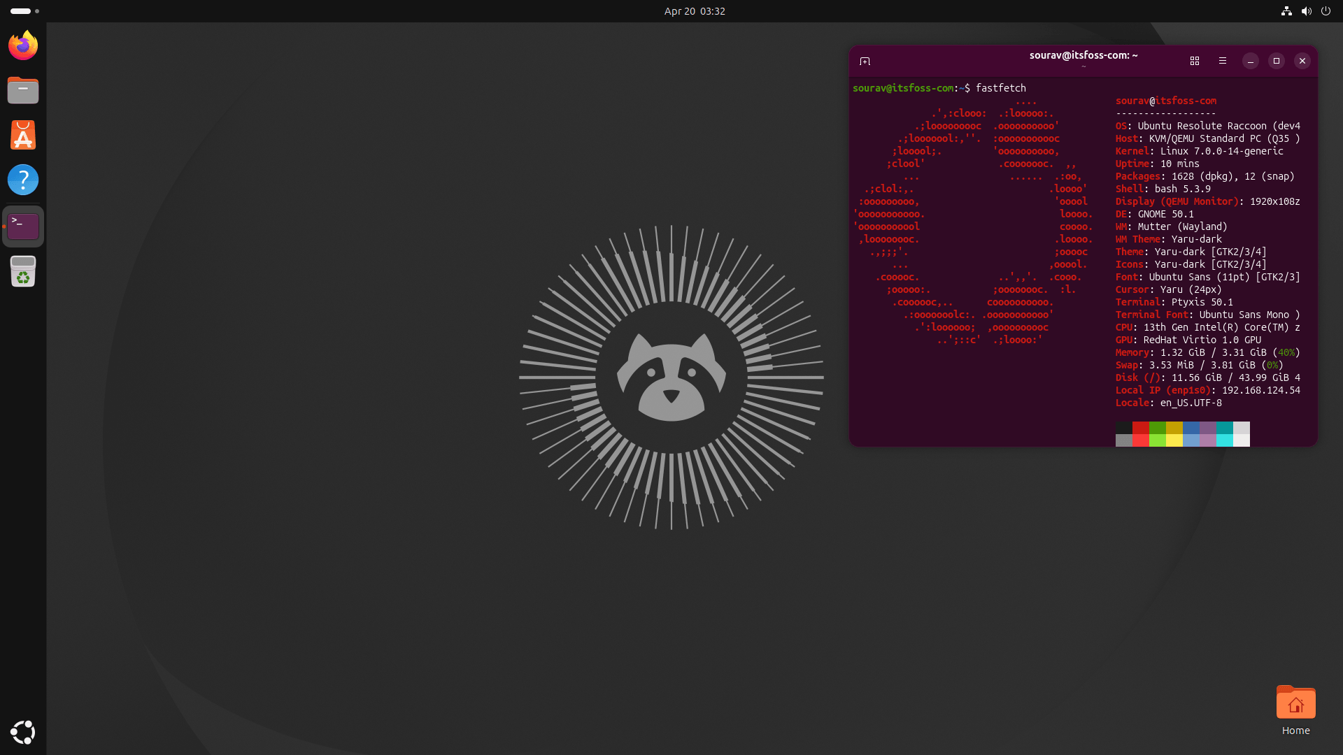 a screenshot of ubuntu 26.04 lts' desktop with a fastfetch output being visible on the top-right