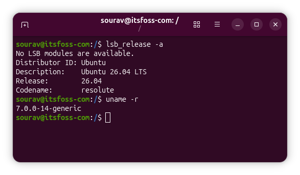 tiny as heck screenshot of terminal showing output for lsb_release -a and uname -r