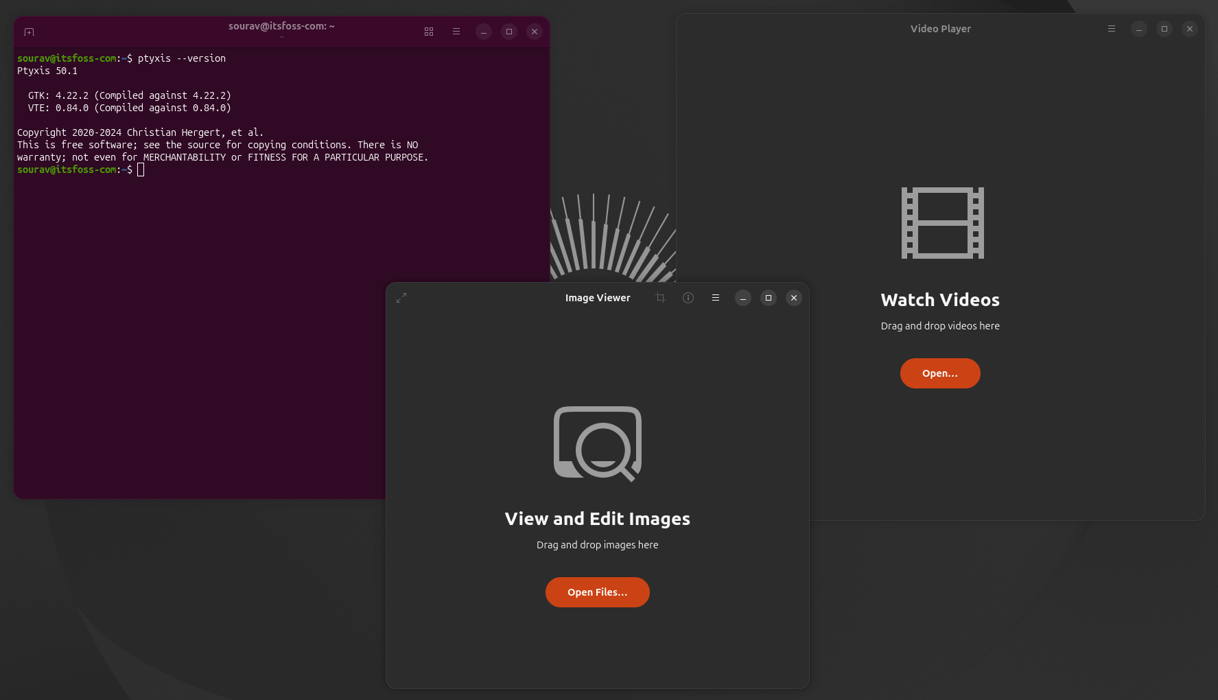 some of the new apps on ubuntu 26.04 lts: ptyxis (terminal), loupe (image viewer), and showtime (video player) are shown in this picture