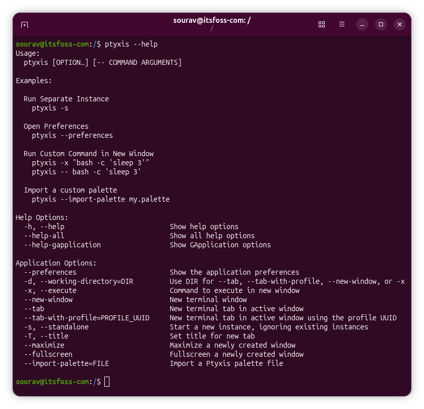 ptyxis help command on ubuntu 26.04 lts