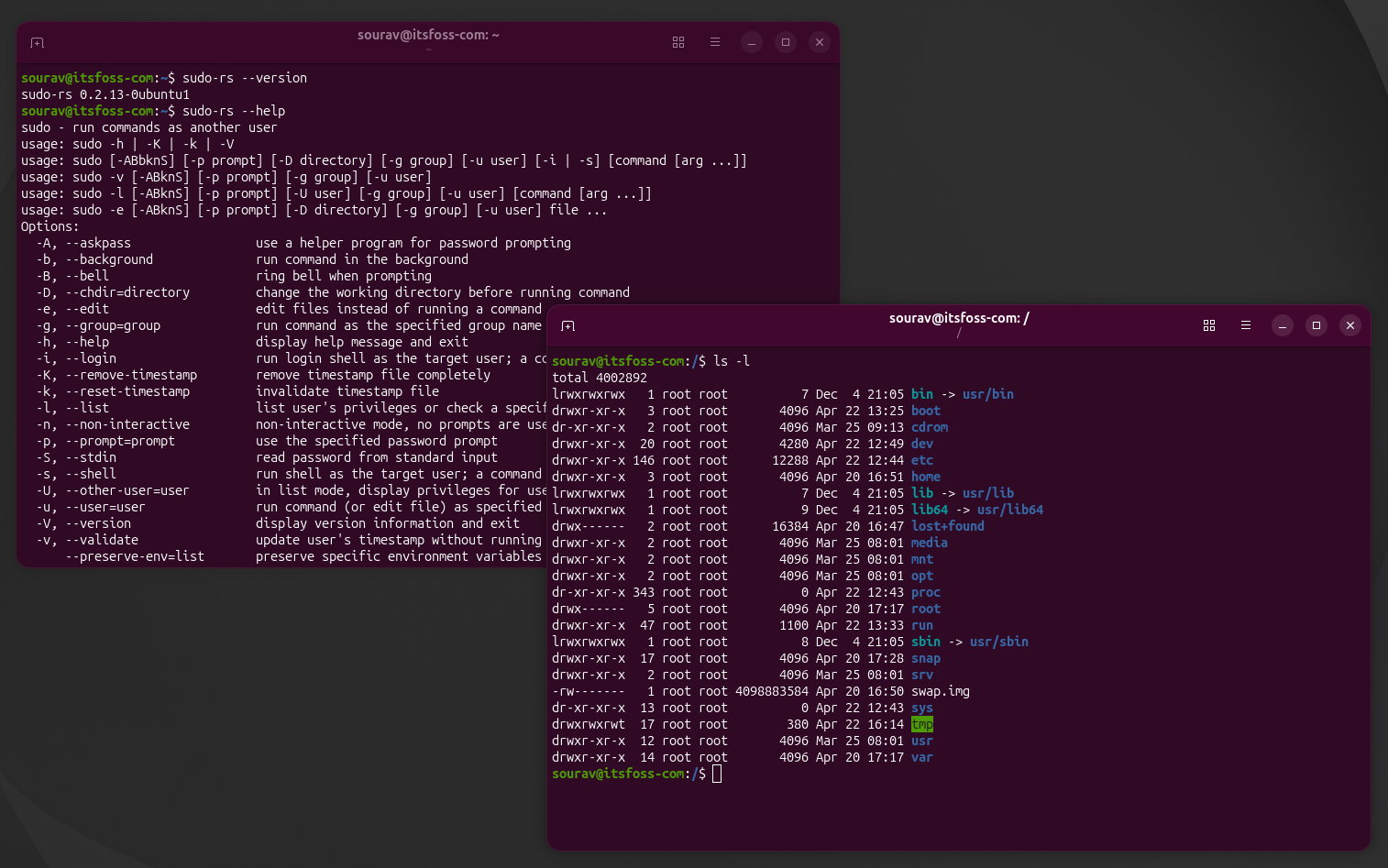 two terminal windows on ubuntu 26.04 lts