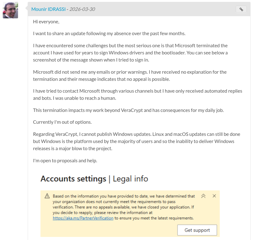 this photo shows a forum post by mounir idrassi talking about the unfair suspension of their microsoft account that was used to sign windows drivers and the bootloader
