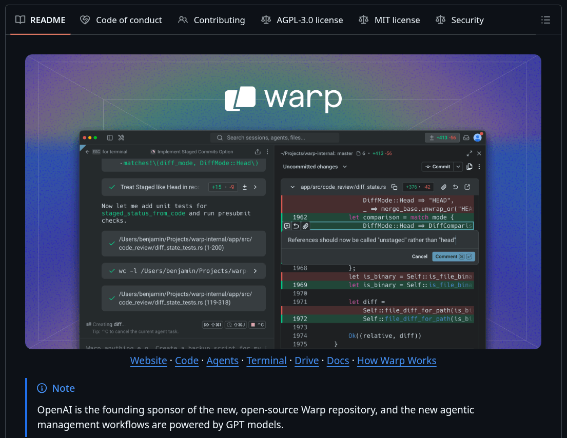 a cropped screenshot of the readme section of warp's github repository that shows a colorful banner and some text