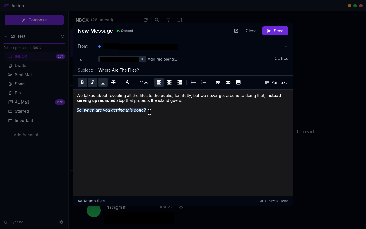 the email composer on aerion is shown here, with the usual editing tools visible, and some text about missing files as the body of the draft email