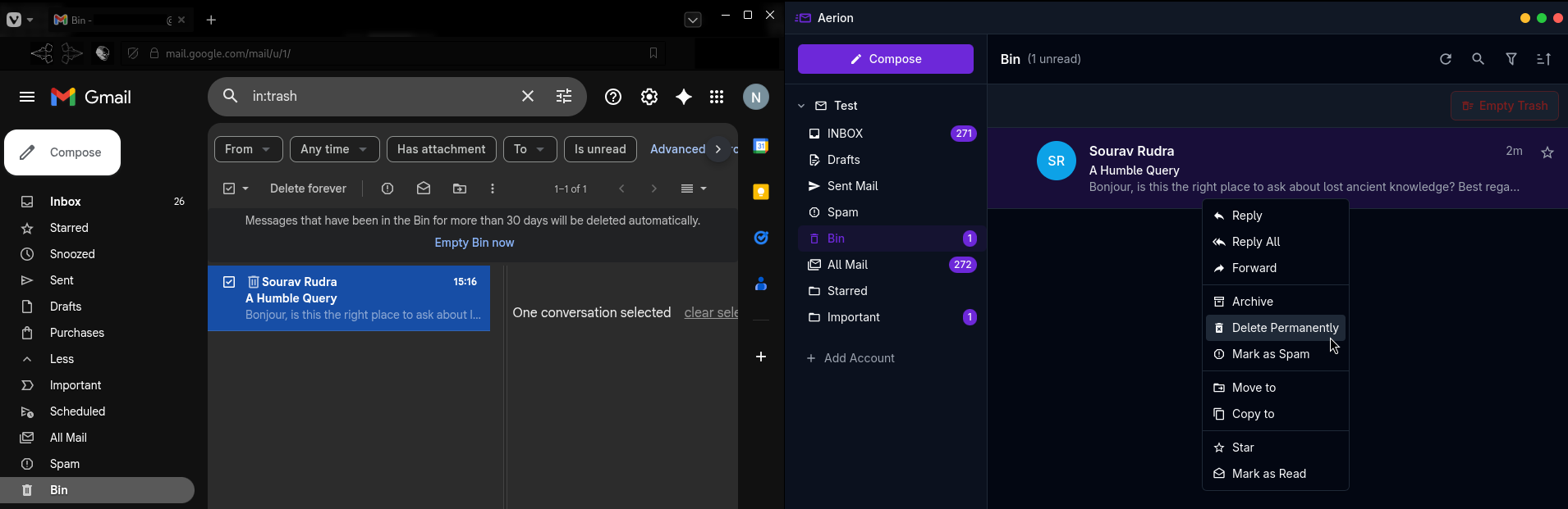 on the left gmail's bin folder is shown with a single trashed email, on the right is aerion's bin folder with the same trashed email with the right-click context menu showing many options on how to handle it