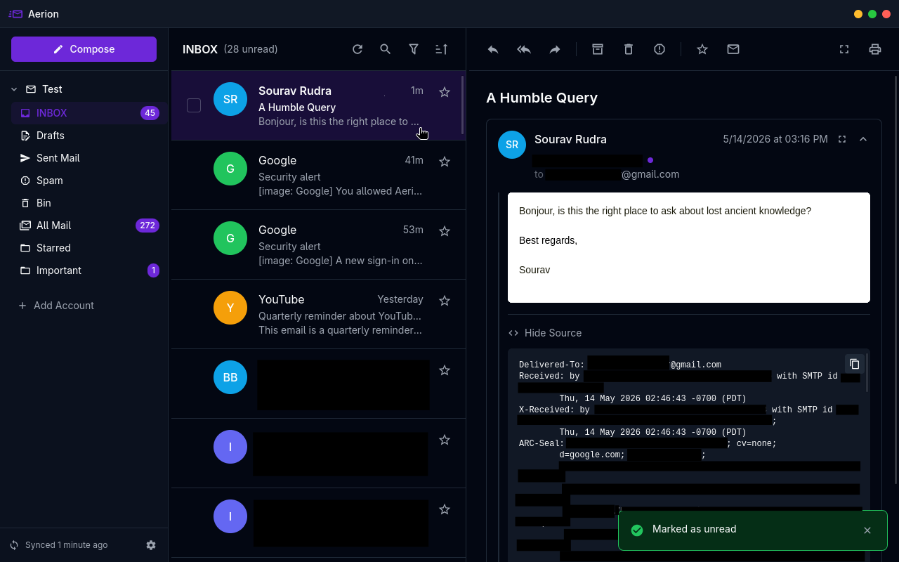 aerion is shown here recieving a new email from someone named sourav rudra, on the left is the email list, on the right is the email open with source details below