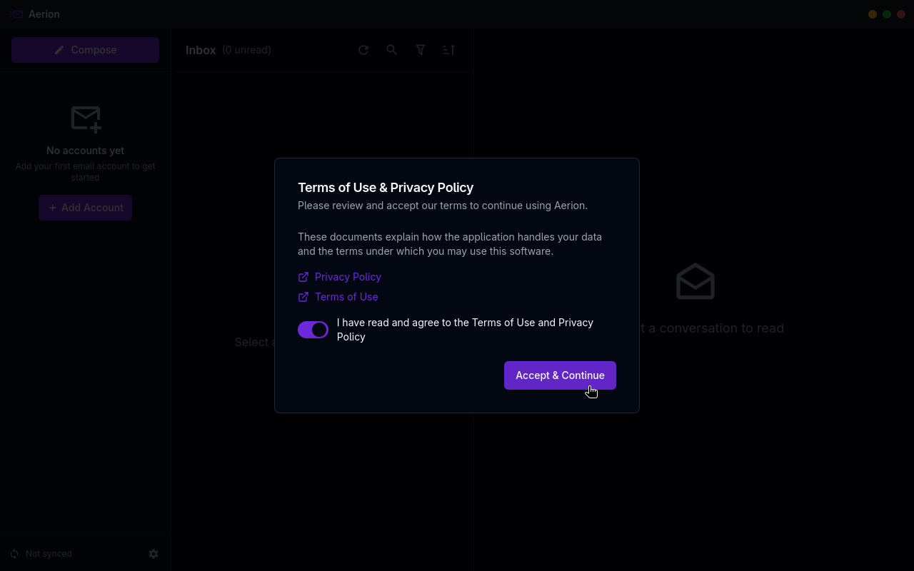 the terms of use and privacy policy disclaimer for aerion is shown here